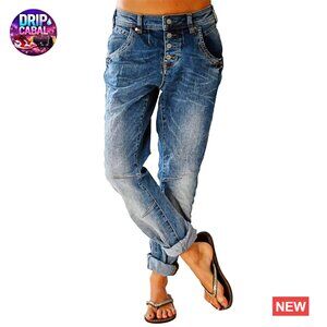 Stretchy Straight Leg Mid Rise Denim Jeans Casual 90s Trendy Button Fly